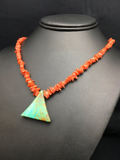Native Kingman Turquoise Pendant Coral Brass Old Pawn Necklace 19" 04029