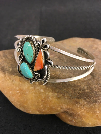 Spiny Oyster & Turquoise Navajo Sterling Silver Bracelet 08846