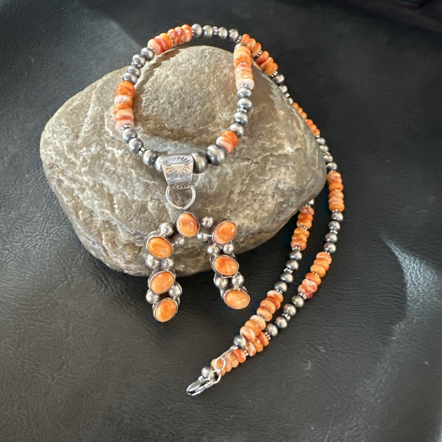 Orange Spiny Oyster Naja Pendant Navajo Pearls Sterling Silver Necklace 19669
