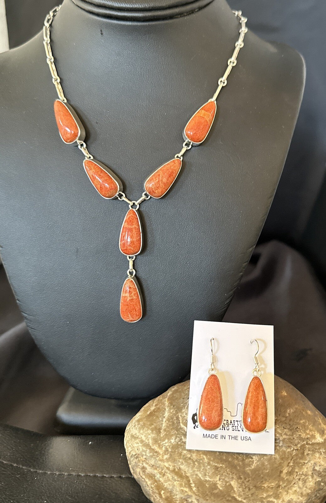 Apple Sponge Coral Lariat Necklace Pendant Earrings Sterling Silver 16” 18973