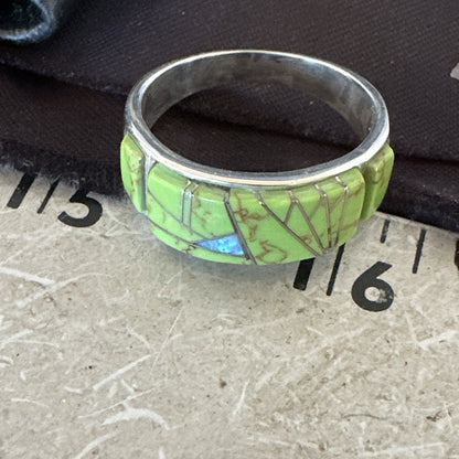 Womens Rare Green Gaspeite Sterling Silver Band Inlay Ring Size 9.5 19149
