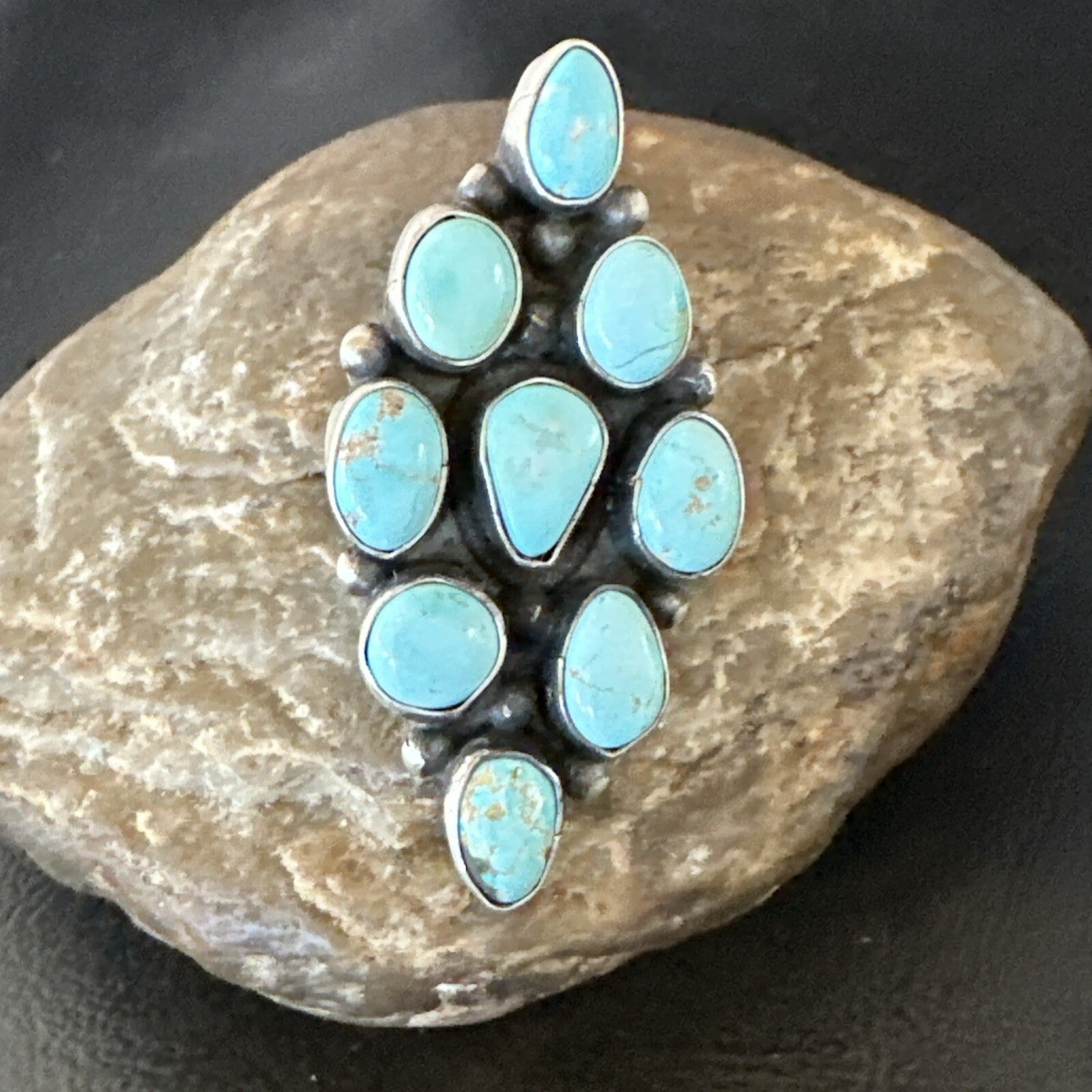 Navajo Sterling Silver Cluster Blue Turquoise 9 Stone Ring Sz 9 18600