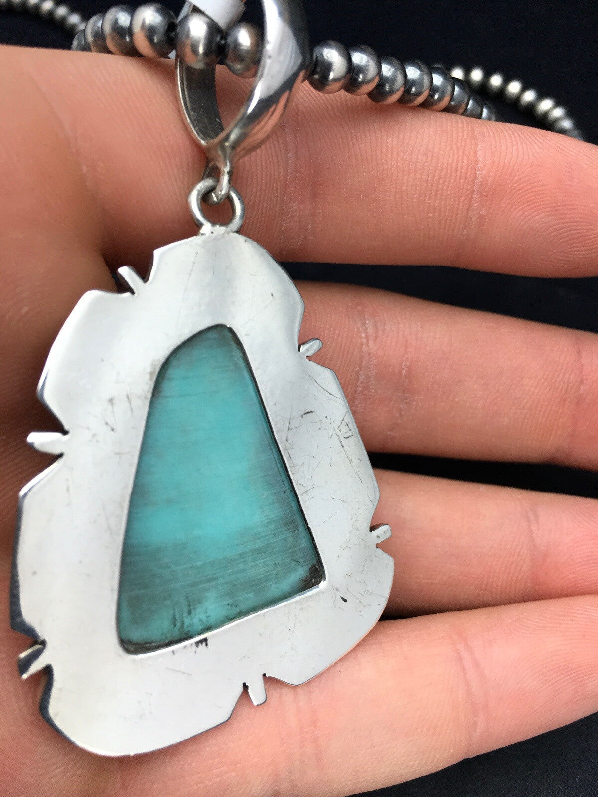 Mens Blue Turquoise Pendant Navajo Pearls Sterling Silver Necklace 03915