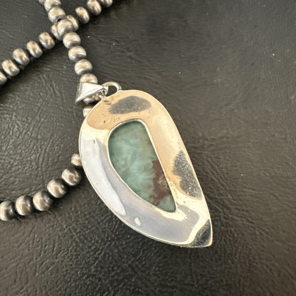 Womens Blue Larimar Pendant Navajo Sterling Silver Beads Necklace 17716