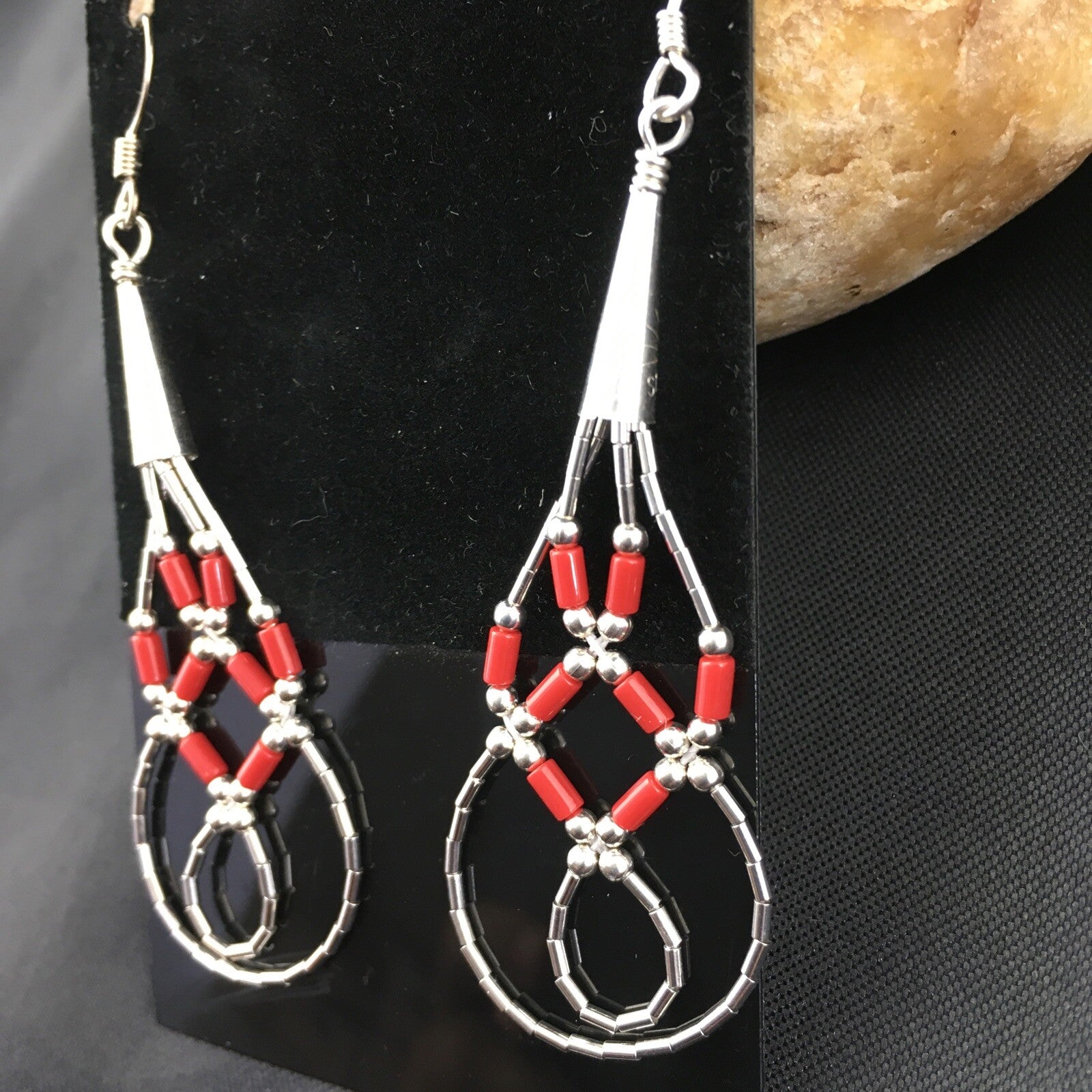 Native Red Coral Tube Heishi Dangle Liquid Sterling Silver Earrings 2" 03104