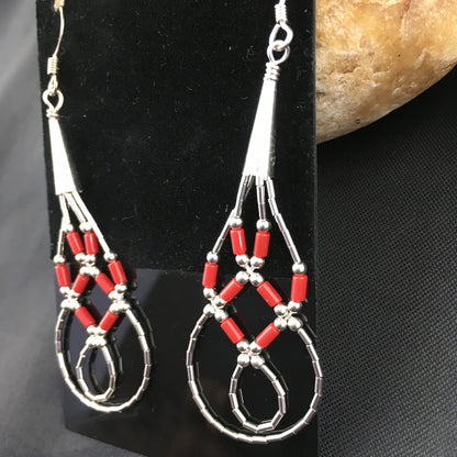 Native Red Coral Tube Heishi Dangle Liquid Sterling Silver Earrings 2" 03104