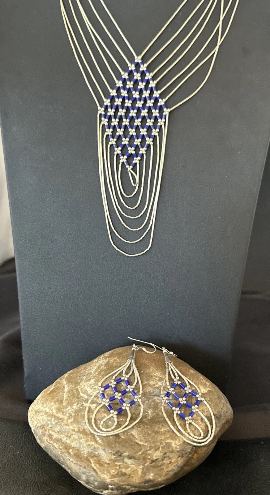 Lapis Heishi Tubes Pendant 7 Strand Sterling Silver Necklace Earrings 19753