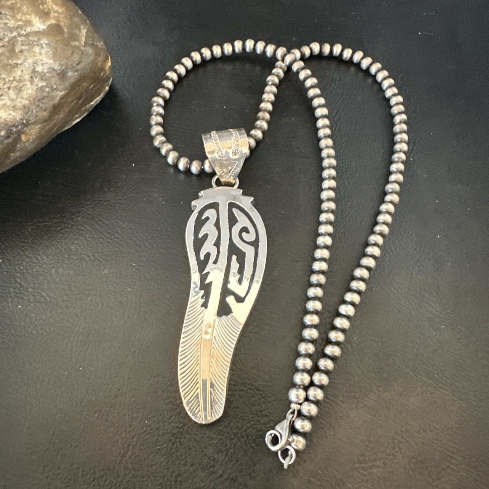 Mens Feather Navajo Sterling Silver Necklace Pendant 18578
