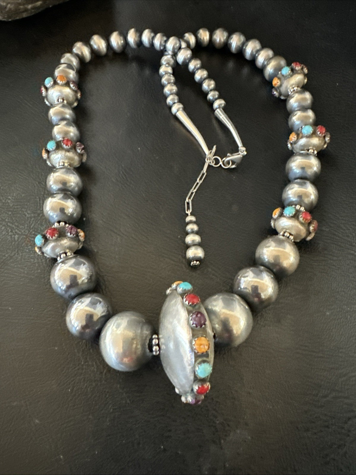 Multicolor Spiny Navajo Pearls Turquoise Sterling Silver Necklace 23” 19448