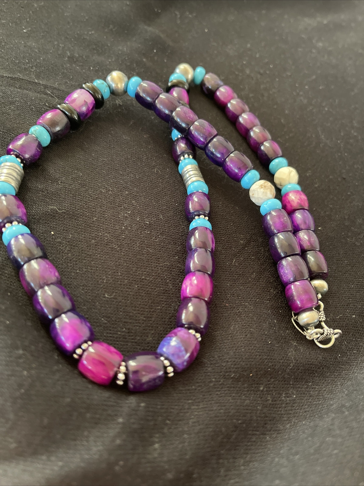 Purple Stone & Turquoise Indian Navajo Pearls Sterling Silver Necklace 01054