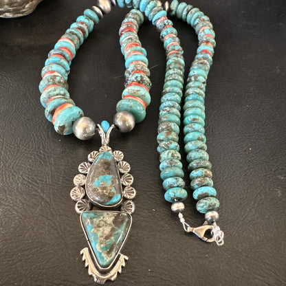 Blue Kingman Turquoise Spiny Navajo Sterling Silver Pendant Necklace 23” 17690