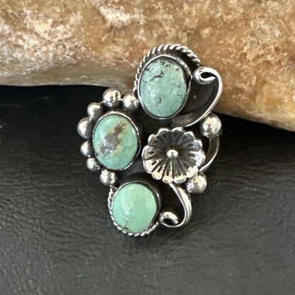 Yazzie Ring Green Turquoise Navajo Sterling Silver Cluster Size 8.5 19215