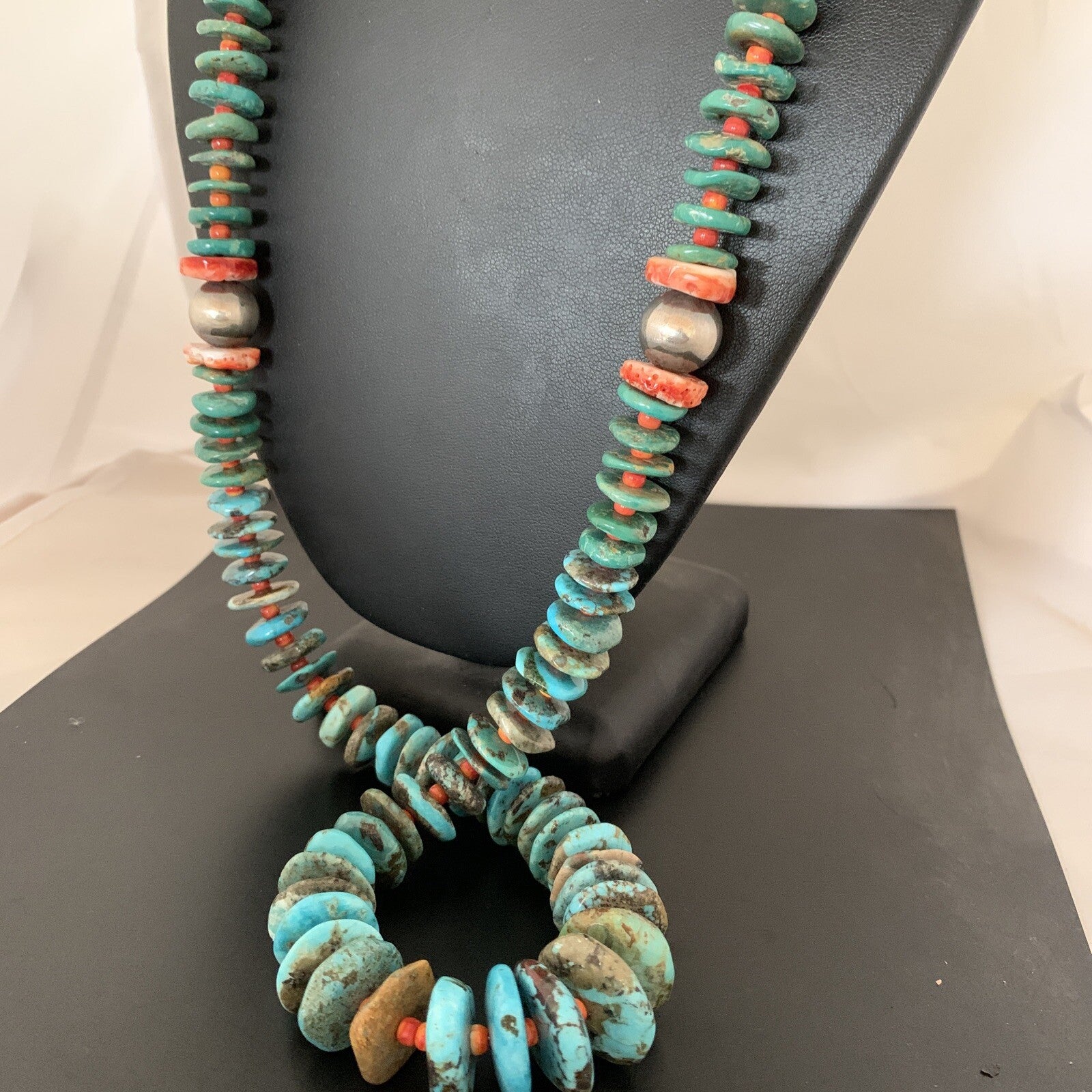 Blue Green Turquoise & Spiny Oyster Navajo Sterling Silver Necklace 28" 01671