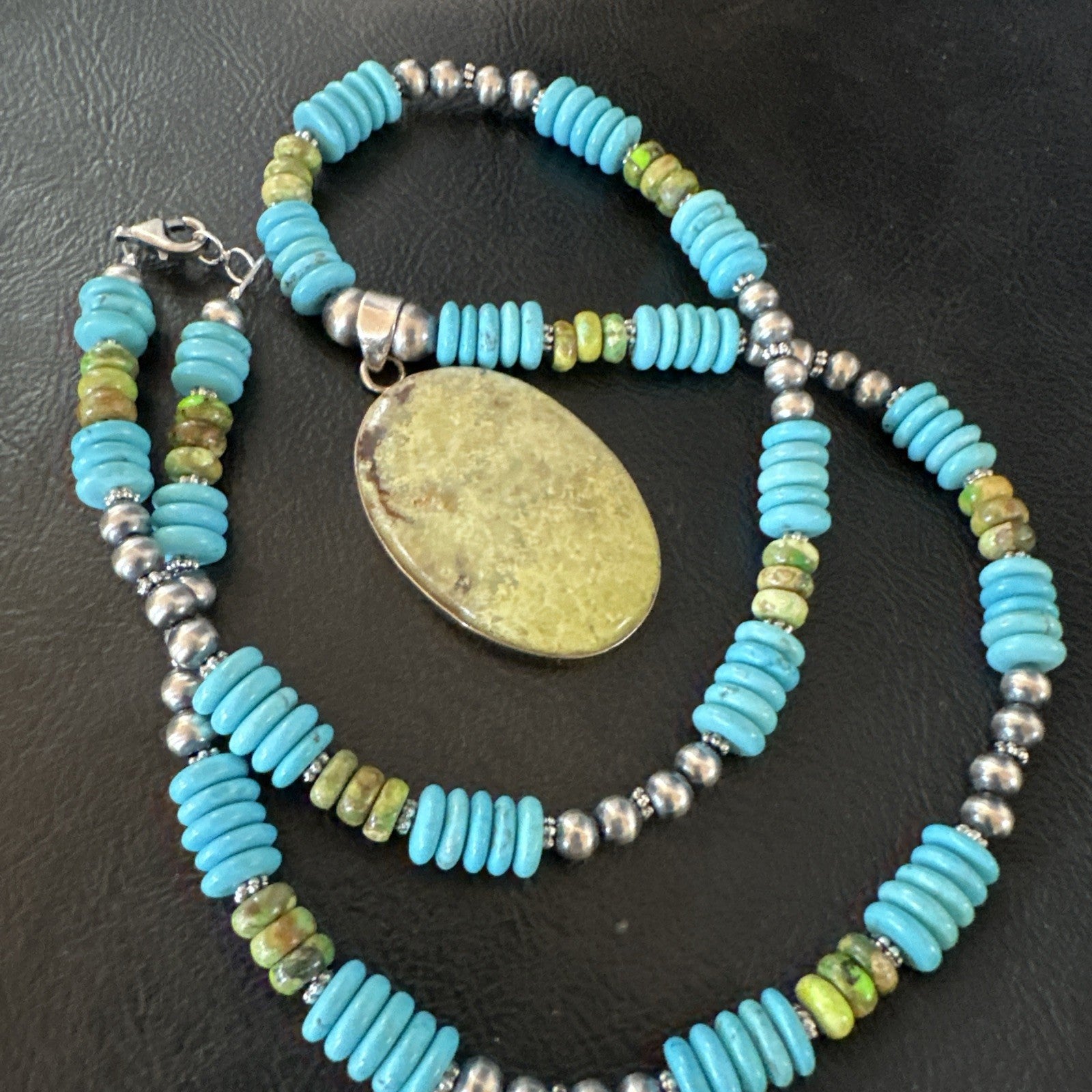 Green Gaspeite Pendant Blue Turquoise Navajo Sterling Silver Necklace 20" 19666