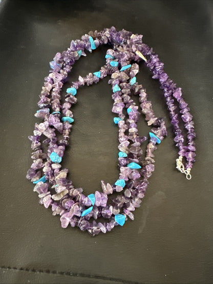 Sterling NAVAJO Purple Amethyst Blue Turquoise 3S Silver Necklace 30” 19569