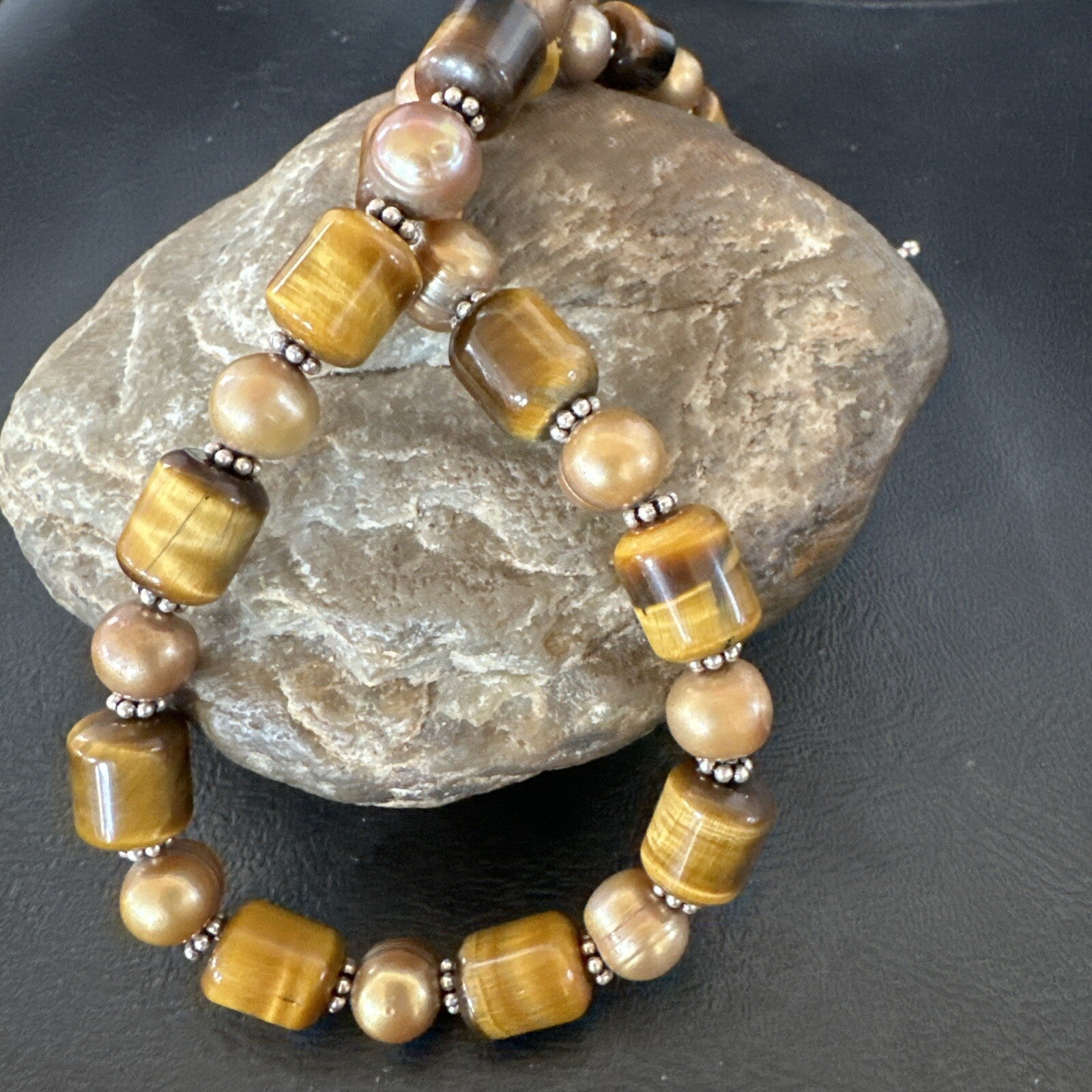 Coffee Tigers Eye Culture Pearl Sterling Silver Necklace Wrap Bracelet 17” 18737