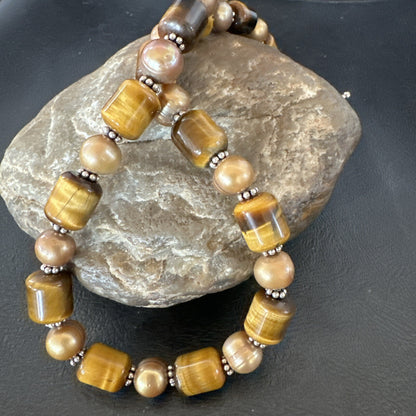 Coffee Tigers Eye Culture Pearl Sterling Silver Necklace Wrap Bracelet 17” 18737