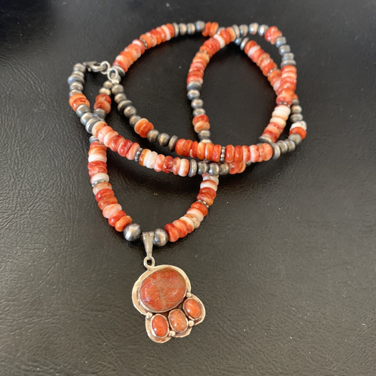 Apple Coral Pendant Spiny Oyster Navajo Pearls Sterling Silver Necklace 12389