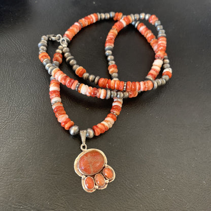 Apple Coral Pendant Spiny Oyster Navajo Pearls Sterling Silver Necklace 12389