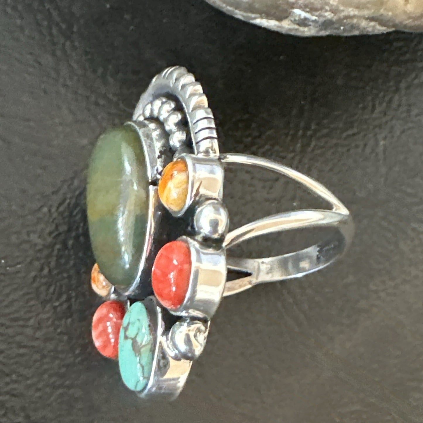 Cluster Blue Turquoise Spiny Oyster Sterling Silver Ring Size 8 18567