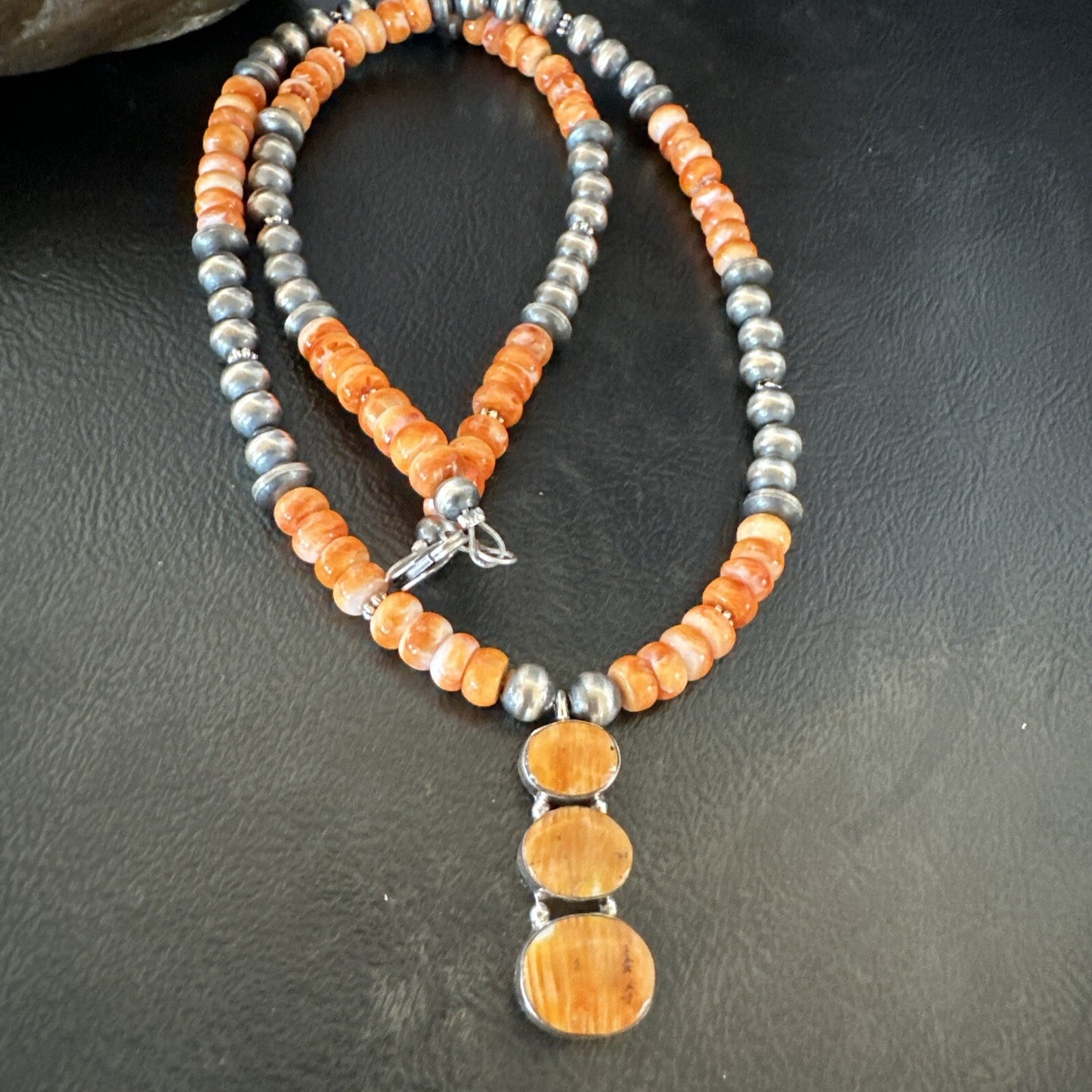 Navajo Pearls Sterling Silver Necklace Orange Spiny Oyster Pendant 20" 18264