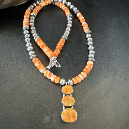 Navajo Pearls Sterling Silver Necklace Orange Spiny Oyster Pendant 20" 18264