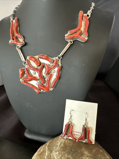 Branch Real Coral Zuni Inlay Sterling Silver Necklace Earrings 21" Set 19276