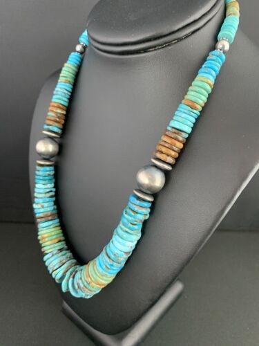 Navajo Blue Green Turquoise Graduated Necklace Sterling Silver 20" 234