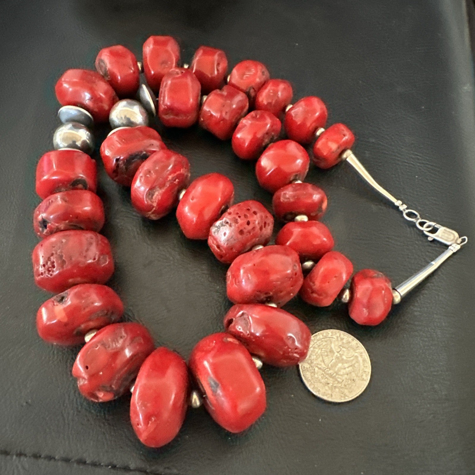 Chunky Navajo Red Bamboo Coral Sterling Silver Bead Necklace 24” Graduated 19532
