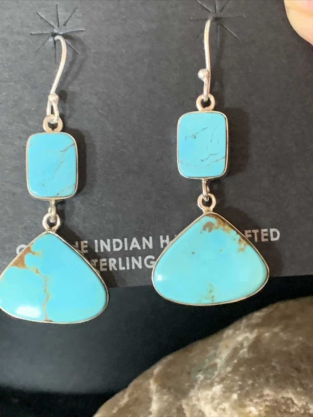 Blue Kingman Turquoise Navajo Sterling Silver Dangle Earrings 1.5" 14076
