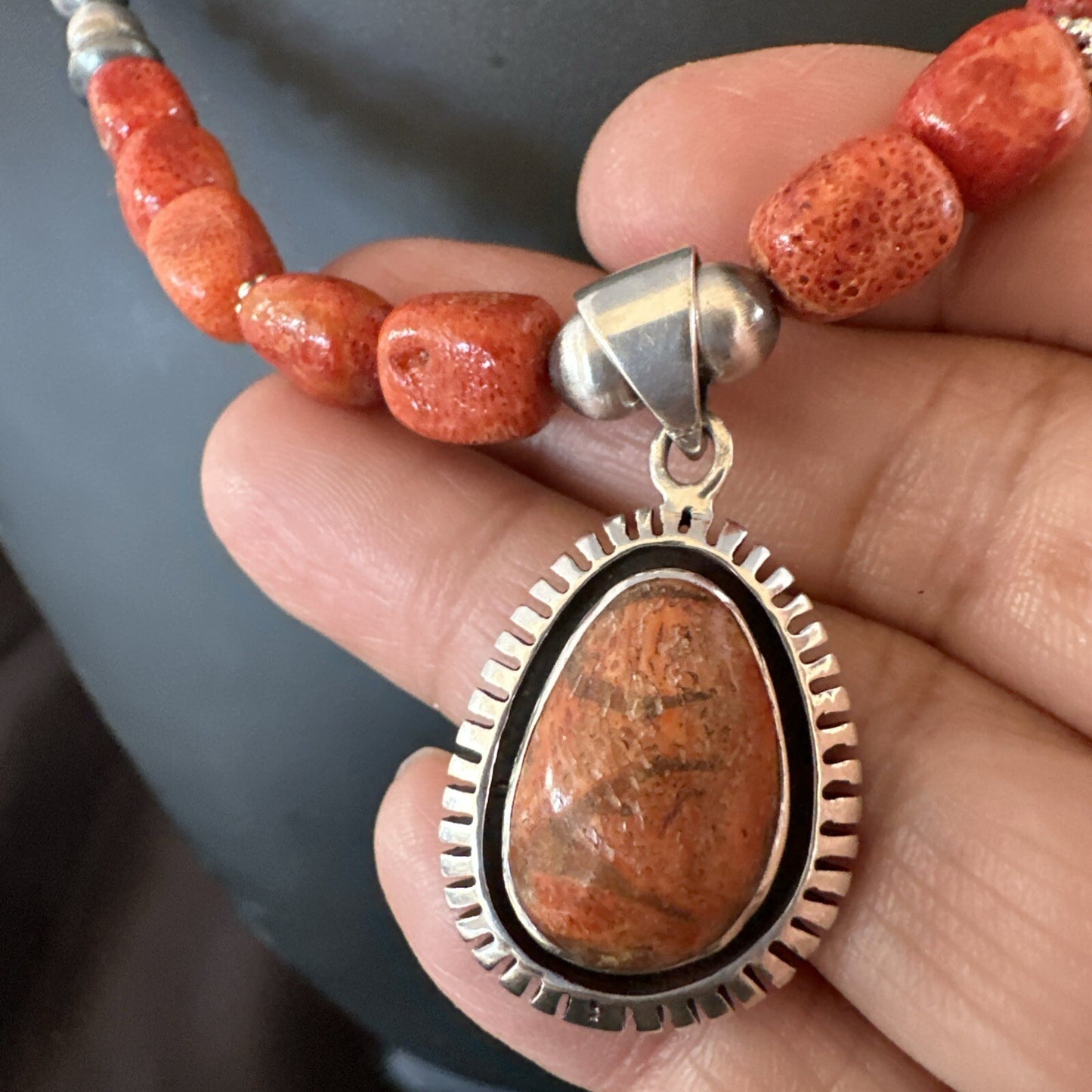 Navajo Pearls Apple Sponge Coral Sterling Silver Necklace Pendant 21” 18683