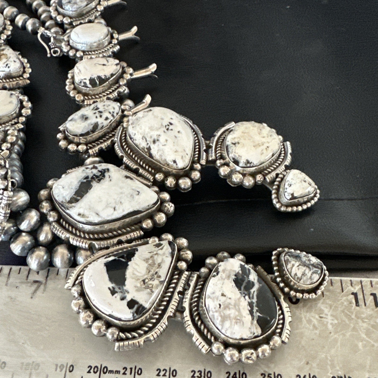 White Buffalo Turquoise Pendant Navajo Sterling Silver Squash Necklace 19305