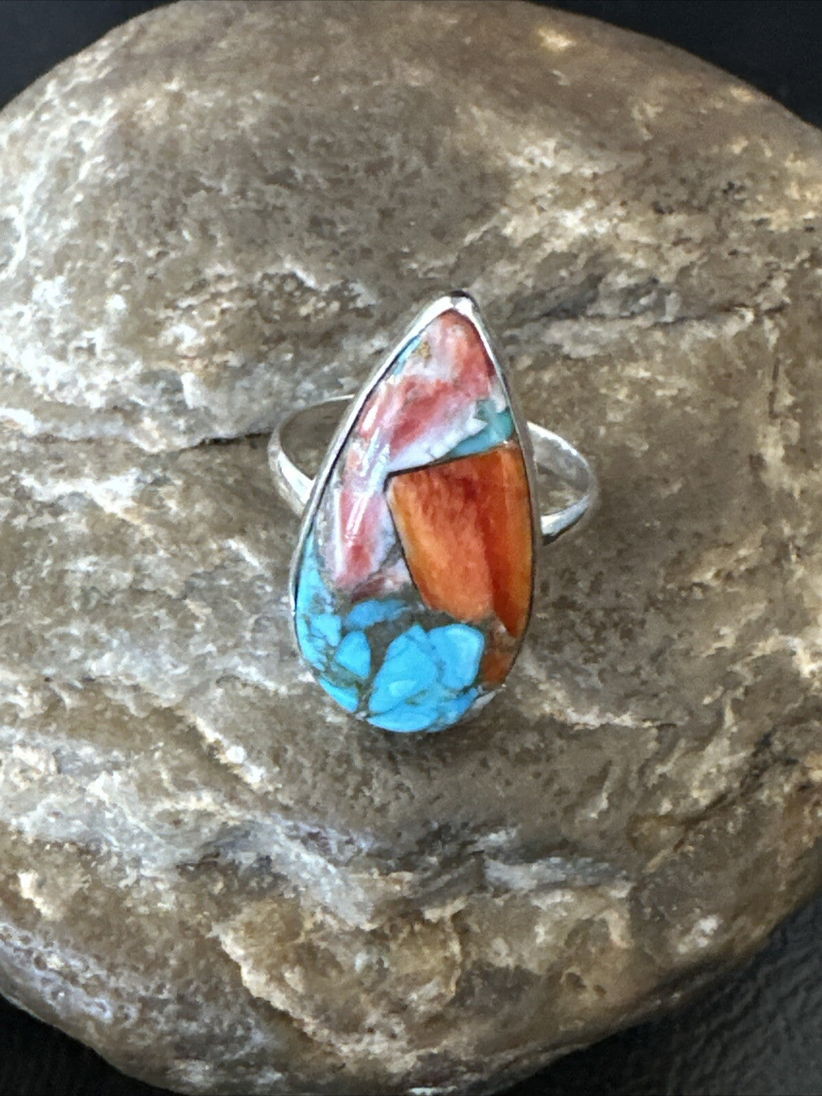 Blue Turquoise Spiny Oyster Southwestern Sterling Silver Ring Size 8 18435