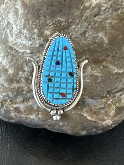 CORN INLAY Blue Turquoise MOP Spiny Zuni Sterling Silver Pin Pendant 17850
