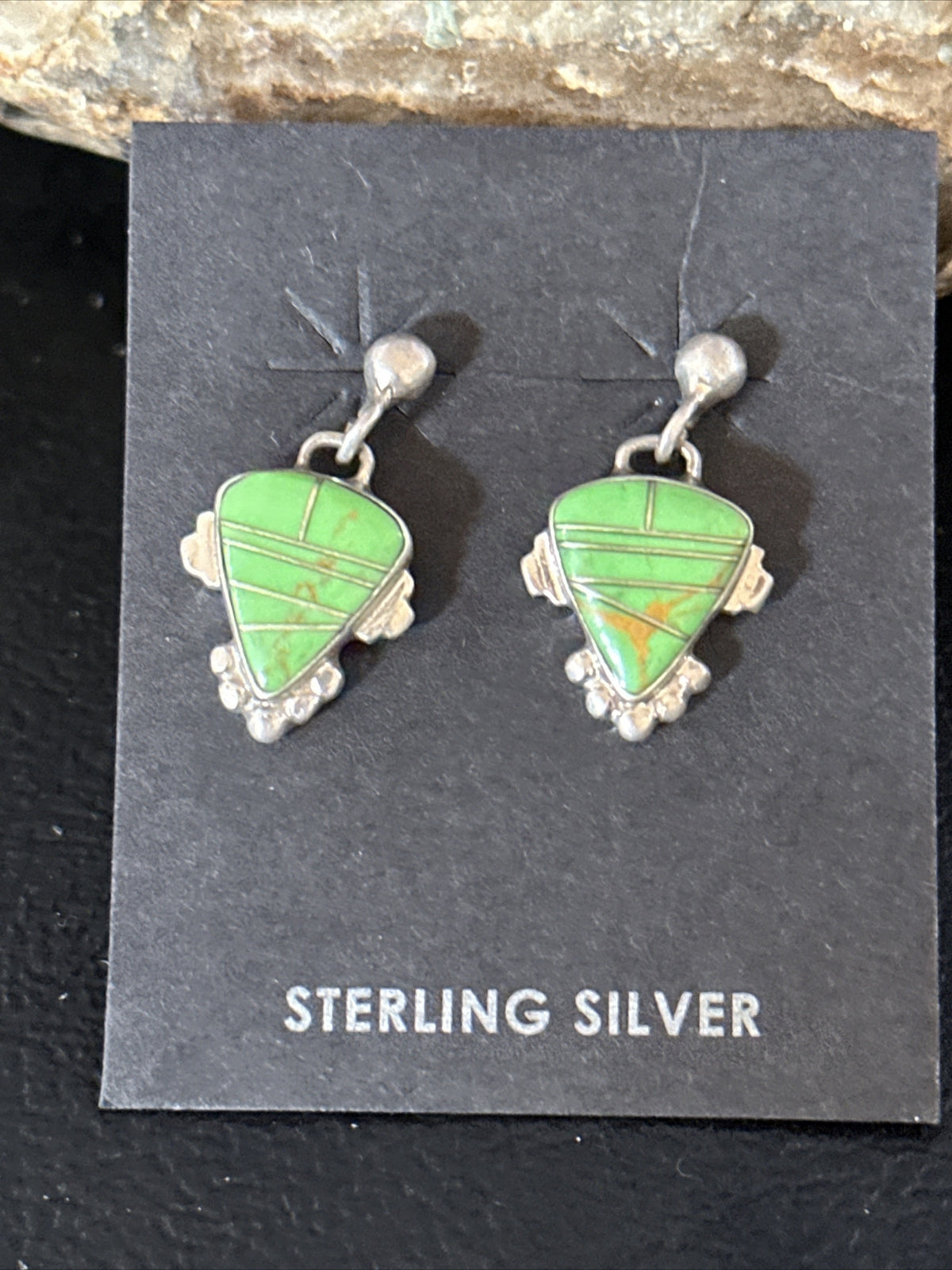Green Gaspeite Navajo Sterling Silver Inlay 1" Earrings 14779