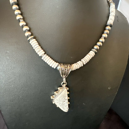White Buffalo Turquoise Pendant Navajo Pearls Sterling Silver Necklace 22" 18255