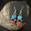 Blue Turquoise Red Coral Navajo Dangle Earrings | Sterling Silver | Authentic Native American Handmade | 18843