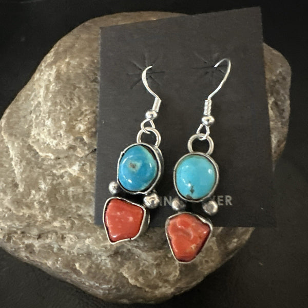 Blue Turquoise Red Coral Navajo Dangle Earrings | Sterling Silver | Authentic Native American Handmade | 18843