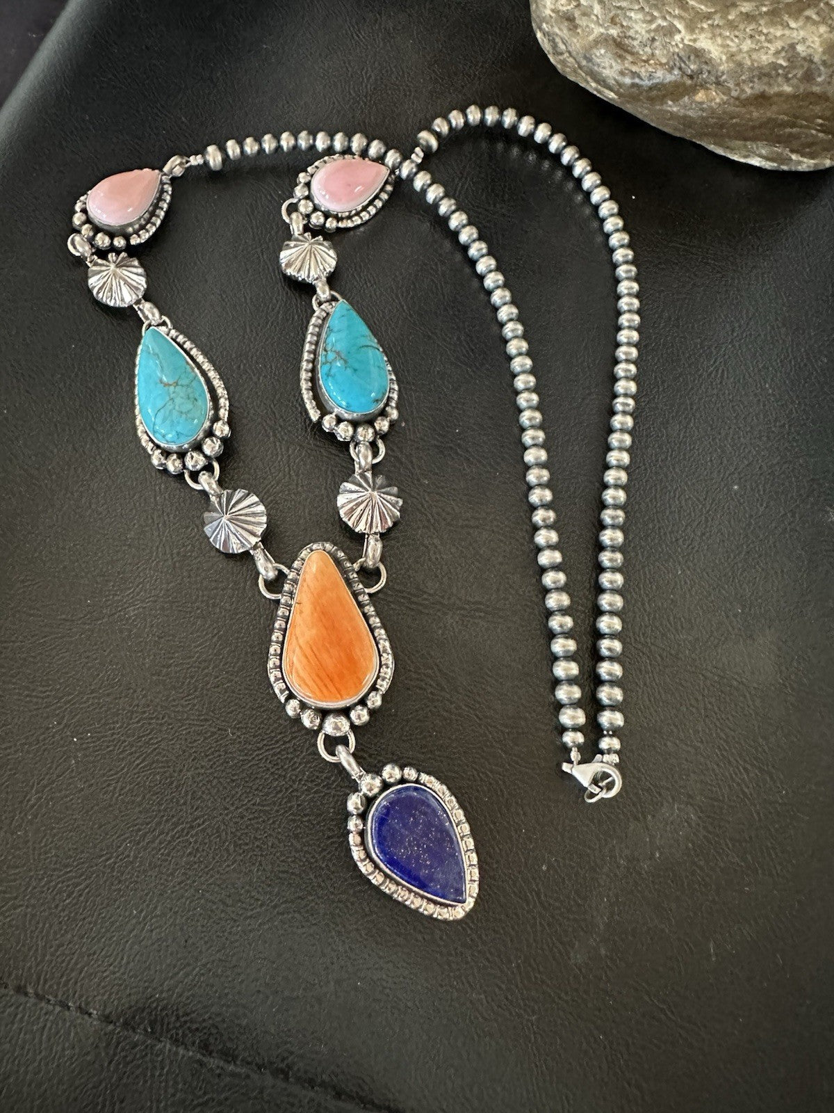 Multicolor Spiny Lapis Pendant Navajo Sterling Silver Lariat Necklace 28" 19439