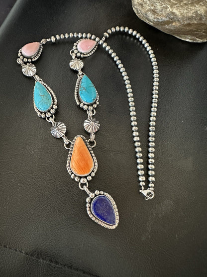 Multicolor Spiny Lapis Pendant Navajo Sterling Silver Lariat Necklace 28" 19439