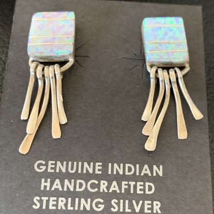 Blue Opal Inlay Navajo Sterling Silver Dangle Post Earrings 0.5" 12754