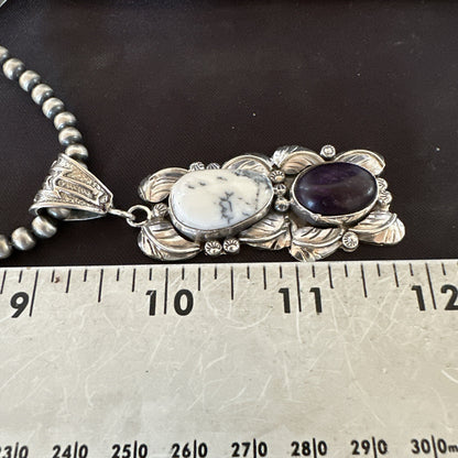 Navajo Sterling Silver White Buffalo Turquoise  Purple Stone Pendant 18035
