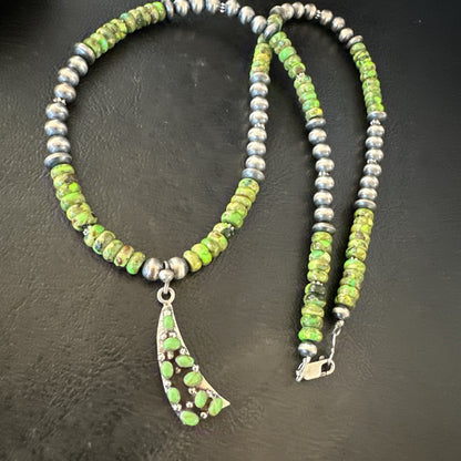 Womens Green Gaspeite Turquoise Pendant Navajo Sterling Silver Necklace 18369