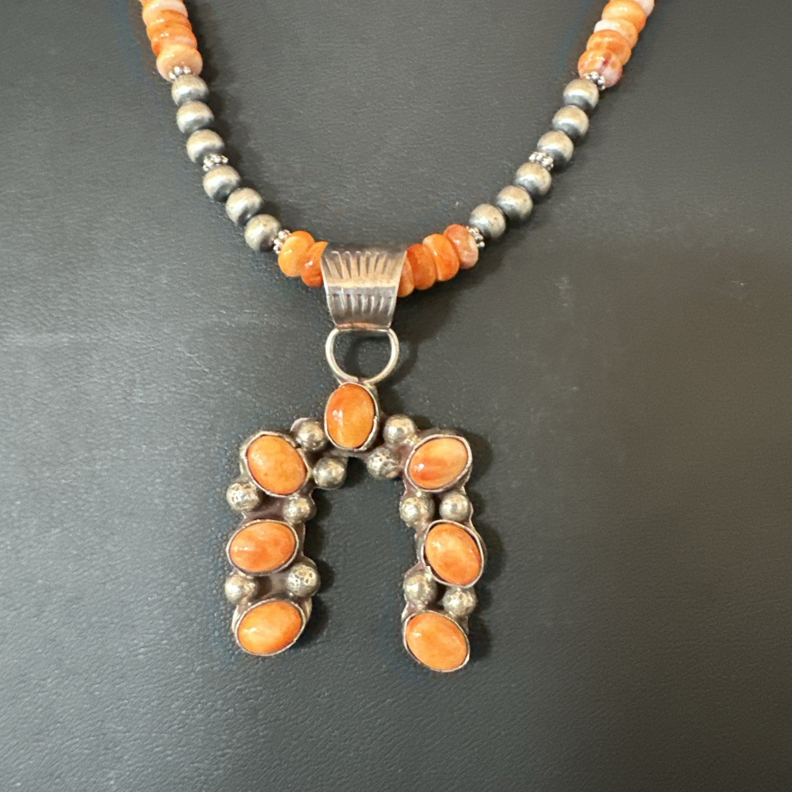 Navajo Pearls Sterling Necklace Orange Spiny Oyster Cluster Naja Pendant 19551