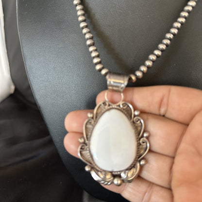 Men White Buffalo Turquoise Pendant Sterling Silver Beads Necklace 14229