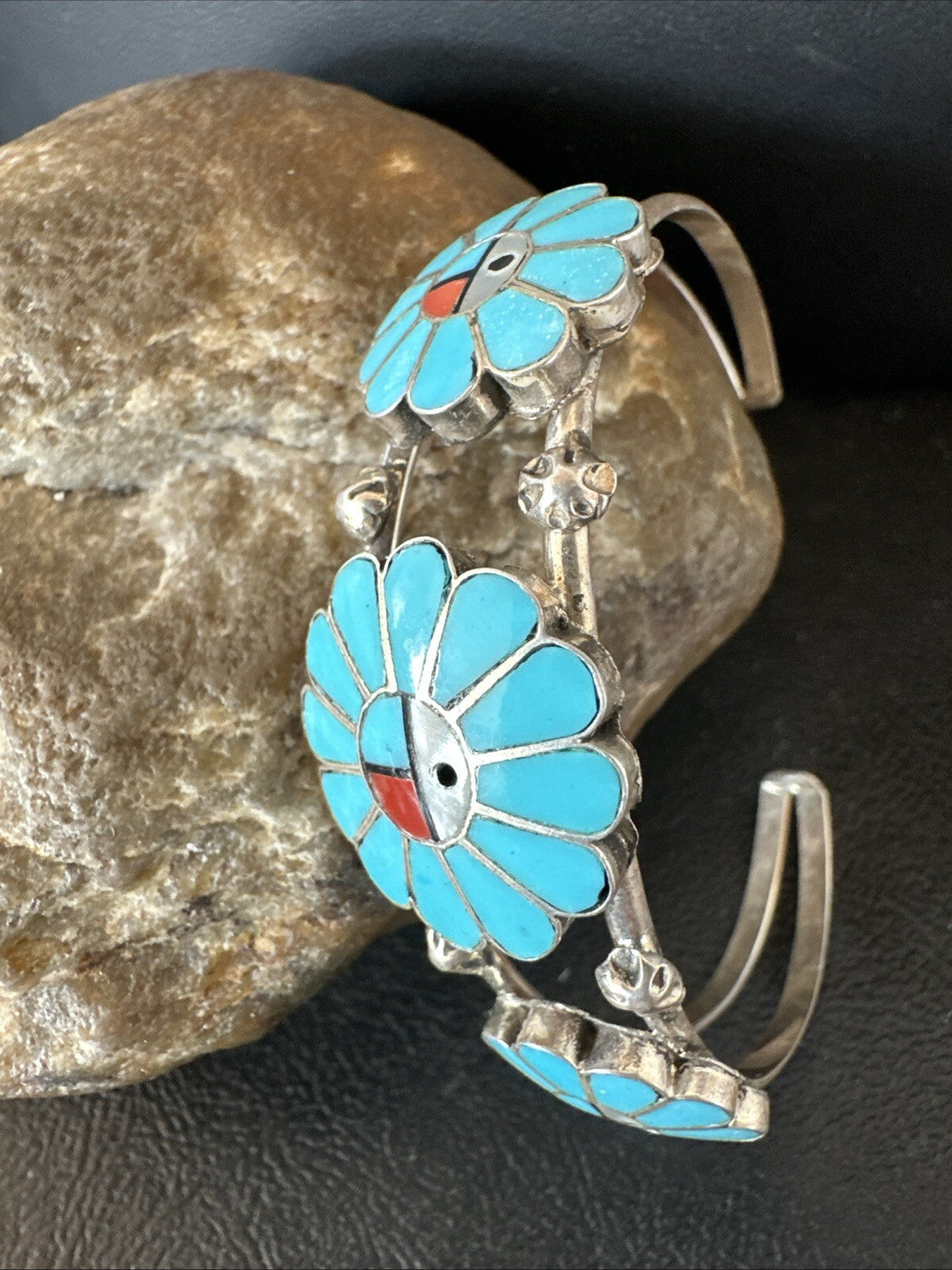 Blue Turquoise Coral MOP Zuni Sterling Silver Inlay Sunface Cuff Bracelet 18873