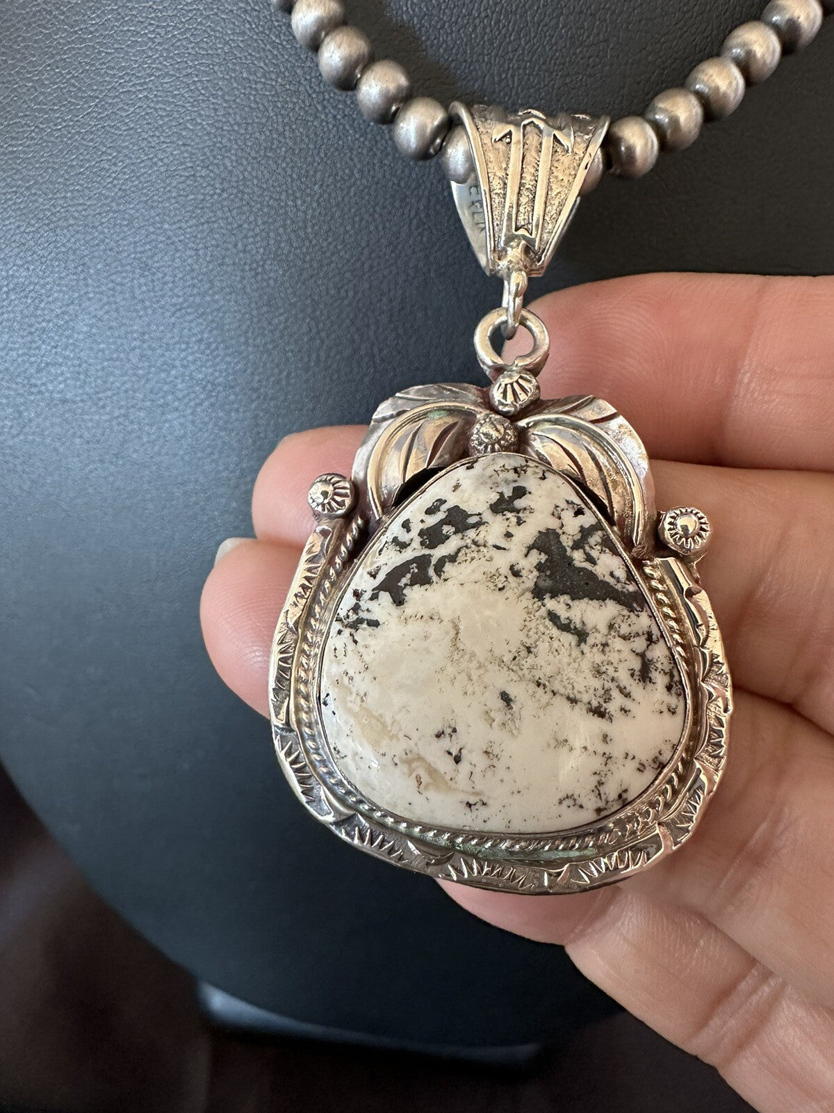Mens White Buffalo Turquoise Pendant Sterling Silver Beads Necklace 18311