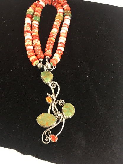 Green Turquoise, Spiny Oyster Pendant Sterling Silver Beads Necklace 8486