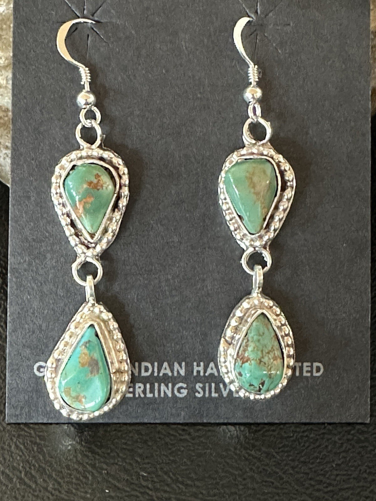 Green Royston Turquoise Navajo Sterling Silver Dangle Earrings 19371