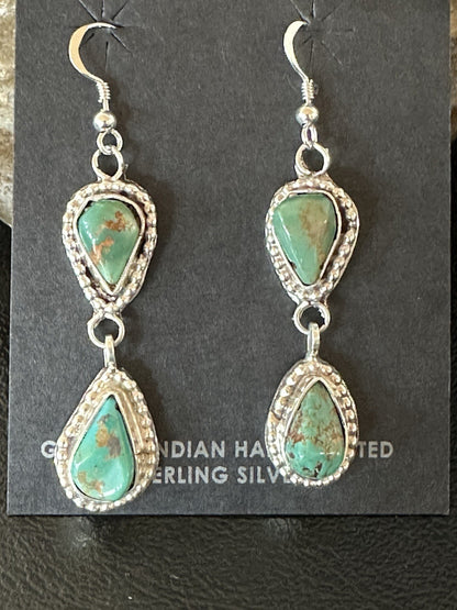 Green Royston Turquoise Navajo Sterling Silver Dangle Earrings 19371